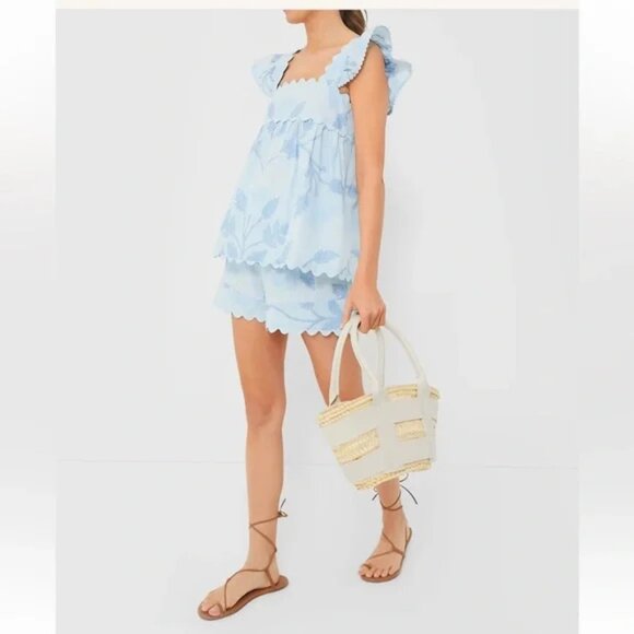 NWT JULIET DUNN Pale Blue Baby Doll Top with Bellflower Block Print Size 2 - Picture 6 of 6